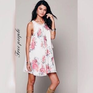 Free People Pleated Floral Trapeze Swing Dress boho ivory white medium